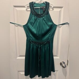 BCBGMaxAzria Teal Satin Halter Dress with Beaded Neckline